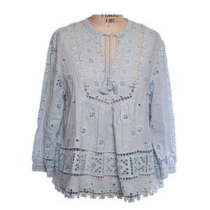 SEA NEW YORK Printed Tie Neck Embroidered Eyelet Light Blue Top Blouse
